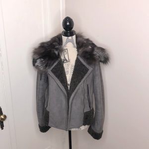 Gray Utility Coat with fur trim
